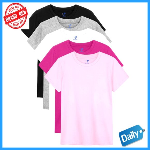 5 Pack Girls Short Sleeve Cotton Tees Regular Fit Summer Tops